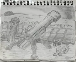 Size: 1998x1654 | Tagged: safe, artist:allhallowsboon, earth pony, pegasus, army helmet, artillery, desert, group photo, helmet, image, jpeg, military, pencil drawing, sandbags, sunset, traditional art