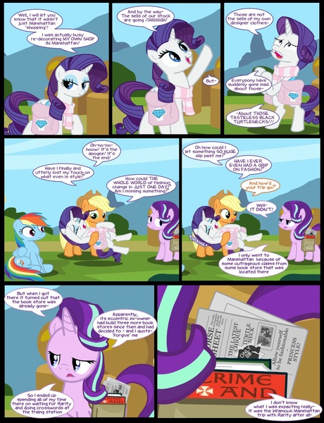 Size: 1042x1358 | Tagged: safe, artist:dendoctor, derpibooru import, applejack, rainbow dash, rarity, starlight glimmer, earth pony, pegasus, pony, unicorn, comic:clone.., alternate universe, bag, bipedal, book, clothes, comic, drama, female, g4, image, jpeg, mare, ponyville, saddle bag, scarf, striped scarf