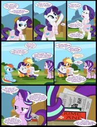 Size: 1042x1358 | Tagged: safe, artist:dendoctor, derpibooru import, applejack, rainbow dash, rarity, starlight glimmer, earth pony, pegasus, pony, unicorn, comic:clone.., alternate universe, bag, bipedal, book, clothes, comic, drama, female, g4, image, jpeg, mare, ponyville, saddle bag, scarf, striped scarf