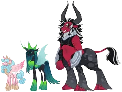 Size: 3500x2644 | Tagged: safe, artist:grubgruel, artist:lovedletters, cozy glow, lord tirek, queen chrysalis, alicorn, changedling, changeling, pony, alicornified, alternate design, alternate universe, cozycorn, height difference, image, jewelry, older, older cozy glow, png, race swap, regalia, simple background, transparent background