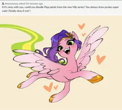 Size: 2449x2210 | Tagged: safe, artist:glacierclear, derpibooru import, pipp petals, pegasus, pony, blush sticker, blushing, cute, female, floating heart, flying, g5, heart, high res, image, jpeg, mare, open mouth, open smile, request, simple background, smiling, solo, yellow background