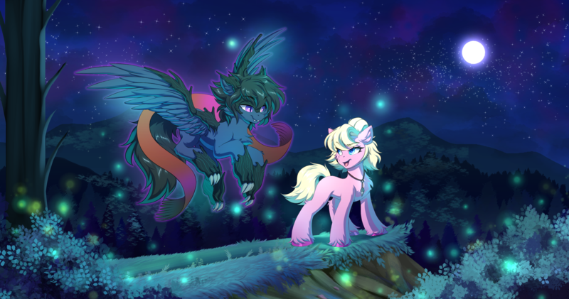 Size: 4093x2155 | Tagged: safe, artist:ask-colorsound, derpibooru import, oc, oc:fenris ebonyglow, oc:kara waypoint, unofficial characters only, earth pony, original species, pegasus, pony, timber pony, timber wolf, clothes, full moon, image, jewelry, moon, necklace, night, oc x oc, png, scarf, scenery, shipping, species swap