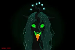 Size: 3000x2000 | Tagged: semi-grimdark, derpibooru import, queen chrysalis, changeling, changeling queen, mlp fim's twelfth anniversary, creepy, dark, fangs, female, glow, glowing eyes, glowing tongue, green eyes, image, jpeg, sharp teeth, teeth, tongue out