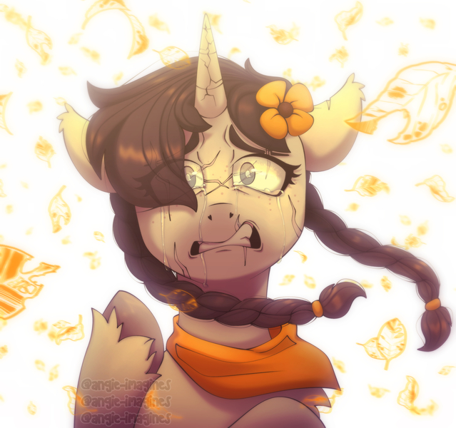 Size: 3423x3213 | Tagged: safe, artist:angie imagines, derpibooru import, oc, oc:madana, unofficial characters only, pony, unicorn, bandana, blind, braid, cracked horn, crying, ear fluff, female, filly, flower, flower in hair, fluffy, foal, horn, image, jpeg, pigtails, scar, simple background, solo, unshorn fetlocks