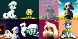 Size: 2048x1024 | Tagged: safe, derpibooru import, editor:paracompact, machine learning assisted, ponified, earth pony, pony, asriel dreemurr, chest fluff, clothes, cute, ear fluff, fireplace, flower, image, looking at you, png, sitting, undertale, unshorn fetlocks