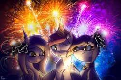 Size: 6000x4000 | Tagged: safe, artist:kainy, derpibooru import, oc, oc:kainy, oc:linaxero, oc:rainy, unofficial characters only, bat pony, hybrid, pegasus, unicorn, bat pony oc, bat wings, bell, bell collar, collar, fireworks, happy birthday, happy new year, holiday, horn, image, pegasus oc, png, unicorn oc, wings