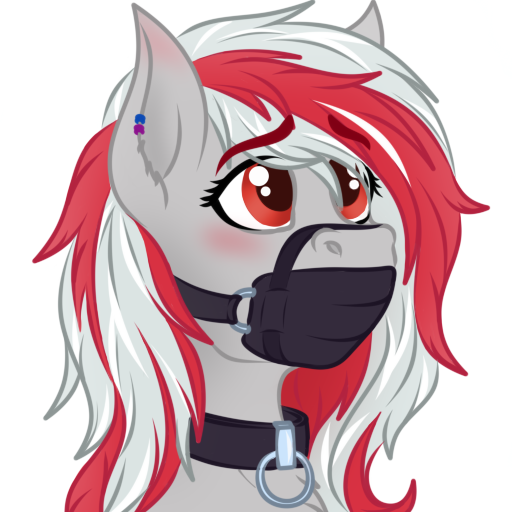 Size: 512x512 | Tagged: suggestive, artist:antonesko, derpibooru import, oc, oc:skyshard melody, unofficial characters only, pegasus, pony, bdsm, blushing, bondage, collar, cute, ear fluff, ear piercing, female, gag, image, mare, muzzle gag, pegasus oc, pet, piercing, png, red eyes, red hair, simple background, solo, transparent background, white fur, white hair, wings