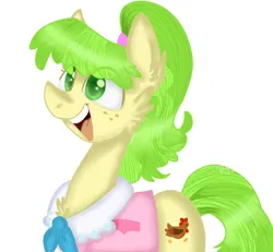 Size: 1168x1080 | Tagged: safe, artist:4agonism, derpibooru import, chickadee, ms. peachbottom, earth pony, pony, cheek fluff, chest fluff, clothes, cute, ear fluff, female, freckles, image, mare, open mouth, open smile, peachabetes, png, ponytail, simple background, smiling, solo