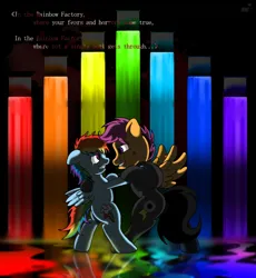 Size: 900x977 | Tagged: semi-grimdark, alternate version, artist:doomy, artist:taeko, derpibooru import, rainbow dash, rarity, scootaloo, pegasus, pony, fanfic:rainbow factory, 2022, absentia, alternate cutie mark, bipedal, black suit, blood, blood splatter, crying, dancing, duo, dyed tail, evil grin, evil scootaloo, factory scootaloo, fanfic art, female, filly, filly rarity, foal, grin, gritted teeth, image, liquid rainbow, looking at each other, looking at someone, mare, older, older scootaloo, pegasus device, png, role reversal, scared, smiling, spectra, spread wings, tail, tears of sadness, teeth, wings, younger