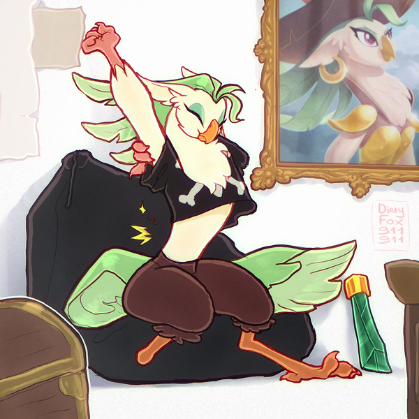 Size: 2080x2080 | Tagged: safe, artist:dirtyfox911911, derpibooru import, captain celaeno, anthro, bird, parrot, parrot pirates, my little pony: the movie, amputee, chest fluff, clothes, image, ornithian, pirate, png, prosthetic limb, prosthetics, short shirt, solo, stretching