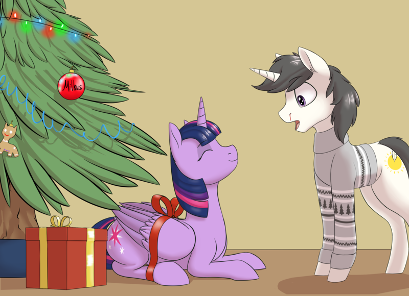 Size: 2845x2064 | Tagged: safe, artist:gradoge, derpibooru import, twilight sparkle, twilight sparkle (alicorn), oc, oc:weiße feder, alicorn, pony, unicorn, canon x oc, image, new year, png, present, pullover, spruce tree, tree