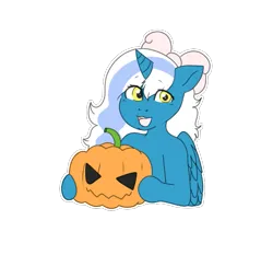 Size: 695x647 | Tagged: safe, artist:cute-little-star97, derpibooru import, oc, oc:fleurbelle, alicorn, pony, alicorn oc, bow, female, hair bow, halloween, holding, holiday, horn, image, mare, png, pumpkin, simple background, transparent background, wings, yellow eyes