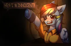 Size: 1665x1080 | Tagged: safe, artist:kaitowivil, derpibooru import, rainbow dash, bound wings, clothes, commissioner:rainbowdash69, courtroom, cuffs, image, jpeg, never doubt rainbowdash69's involvement, prison outfit, prisoner rd, shackles, speech bubble, teeth, text, wings, yelling