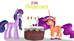 Size: 1920x1080 | Tagged: safe, artist:jbond, derpibooru import, sunny starscout, twilight sparkle, alicorn, earth pony, pony, mlp fim's twelfth anniversary, my little pony: a new generation, alternate hairstyle, cake, earth pony twilight, food, g5, image, implied discord, png, princess sunny starscout, race swap, role reversal, shocked, shocked expression, shocked eyes, simple background, sunnycorn, text, unshorn fetlocks, white background