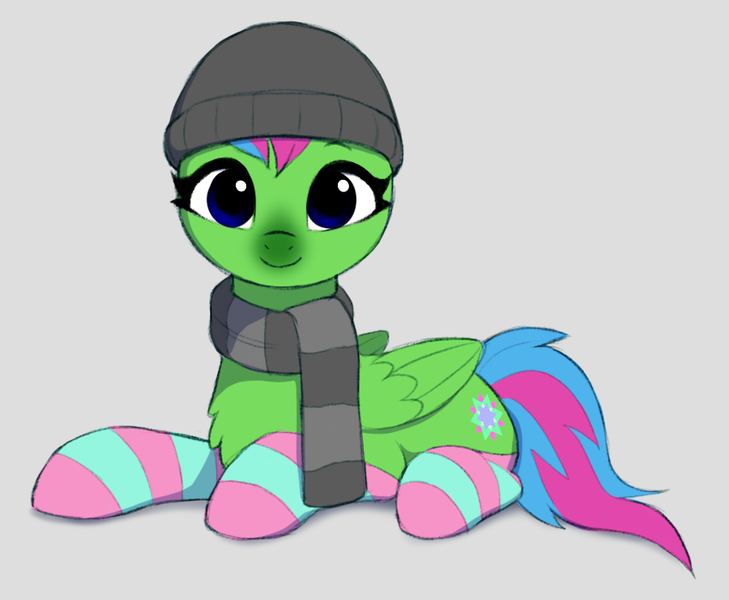 Size: 850x700 | Tagged: safe, artist:luminousdazzle, derpibooru import, oc, oc:luminous dazzle, pegasus, pony, beanie, clothes, cold, female, hat, image, looking at you, lying down, mare, pegasus oc, png, scarf, simple background, smiling, smiling at you, socks, solo, solo female, striped socks, wings