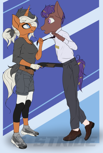 Size: 5435x8021 | Tagged: safe, artist:shade stride, derpibooru import, oc, oc:arc stellite, unnamed oc, anthro, earth pony, pony, unicorn, clothes, female, fishnets, gloves, gun, image, leggings, male, mare, pants, png, robbery, shoes, shorts, shotgun, smiling, stallion, standing, watermark, weapon