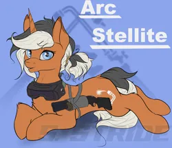 Size: 3729x3206 | Tagged: safe, artist:shade stride, derpibooru import, oc, oc:arc stellite, unofficial characters only, pony, unicorn, female, goggles, gun, holster, image, jpeg, lying down, mare, prone, shotgun, solo, weapon