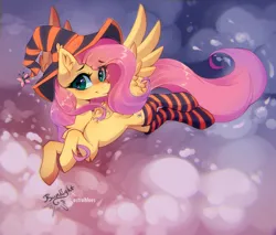 Size: 2700x2300 | Tagged: safe, artist:astralblues, artist:jsunlight, derpibooru import, fluttershy, pegasus, pony, chest fluff, clothes, collaboration, ear fluff, flying, hat, image, looking at you, png, smiling, socks, solo, spread wings, striped socks, thigh highs, wings, witch hat