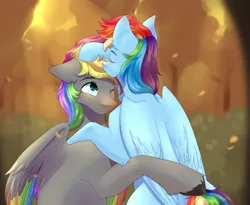 Size: 4472x3664 | Tagged: safe, artist:kiskka, derpibooru import, rainbow dash, oc, oc:dark rainbow, pegasus, pony, blushing, canon x oc, cute, darsh, female, forehead kiss, forest, hug, image, kissing, male, mare, pegasus oc, png, shipping, stallion, straight, tree, wings