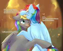 Size: 4472x3664 | Tagged: safe, artist:kiskka, derpibooru import, rainbow dash, oc, oc:dark rainbow, pegasus, pony, blushing, canon x oc, cute, darsh, dialogue, female, forehead kiss, forest, hug, image, kissing, male, mare, pegasus oc, png, shipping, stallion, straight, text, tree, wings