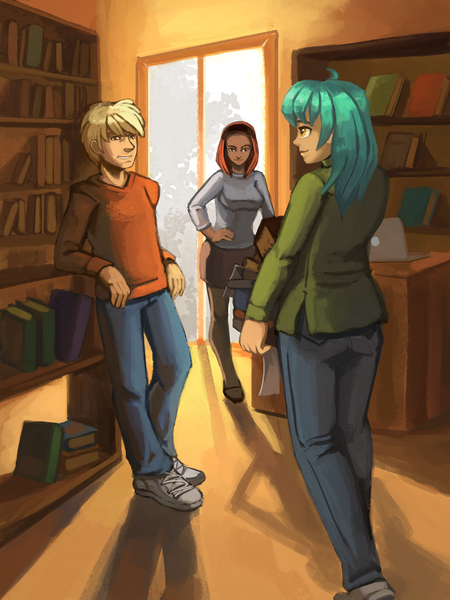 Size: 800x1067 | Tagged: safe, artist:asimos, artist:lexx2dot0, artist:maytee, derpibooru import, lyra heartstrings, oc, oc:monica, oc:paul, human, fanfic:anthropology, book, bookstore, fanfic art, image, jpeg, leaning, philadelphia