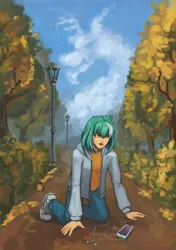 Size: 800x1137 | Tagged: safe, artist:asimos, artist:lexx2dot0, artist:maytee, derpibooru import, discord, lyra heartstrings, human, fanfic:anthropology, cloud, earbuds, fanfic art, humanized, image, jpeg, lamp post, mobile phone, philadelphia, phone, smartphone, solo, tree