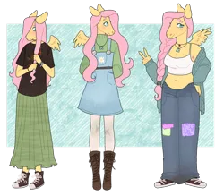 Size: 1280x1119 | Tagged: safe, artist:s0ftserve, derpibooru import, fluttershy, anthro, pegasus, plantigrade anthro, age progression, armpit hair, belly button, blushing, breasts, choker, chubby, cleavage, clothes, converse, curvy, cute, denim, dress, female, gender headcanon, hands behind back, headcanon, headcanon in the description, hoodie, image, jeans, jewelry, lgbt headcanon, long skirt, midriff, necklace, oversized clothes, oversized shirt, pants, peace sign, plaid skirt, playing with hair, png, shirt, shoes, short shirt, shy, shyabetes, simple background, skirt, smiling, sneakers, socks, solo, stockings, story included, sweater, t-shirt, thigh highs, trans female, transgender, transparent background, turtleneck, younger