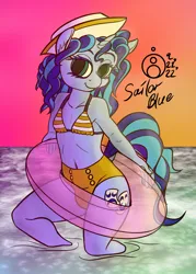 Size: 1302x1821 | Tagged: safe, artist:sepiakeys, derpibooru import, oc, oc:blue giggles, anthro, unicorn, belly button, crossdressing, image, inner tube, male, not misty, png, solo, traditional art