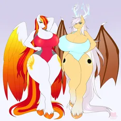 Size: 4500x4500 | Tagged: suggestive, artist:kerothestrange, derpibooru import, oc, oc:diamond sun, oc:silver veil, anthro, bat pony, hybrid, pegasus, pony, unguligrade anthro, arm under breasts, big breasts, breasts, cleavage, clothes, colored wings, commission, female, females only, gradient background, hand on hip, huge breasts, image, impossibly large breasts, impossibly large thighs, impossibly wide hips, large wings, long hair, long mane, long tail, mare, multicolored wings, one-piece swimsuit, partially open wings, png, swimsuit, tail, thighs, thunder thighs, unshorn fetlocks, wide hips, wings