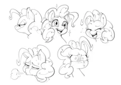 Size: 1844x1295 | Tagged: safe, artist:mickeymonster, derpibooru import, pinkie pie, earth pony, pony, blushing, breath, bust, image, laughing, monochrome, open mouth, open smile, png, portrait, simple background, sketch, sketch dump, smiling, sparkles, sweat, sweatdrop, white background