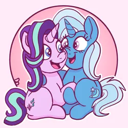 Size: 1914x1914 | Tagged: safe, artist:doodledonutart, derpibooru import, starlight glimmer, trixie, pony, unicorn, boop, cheek squish, female, holding hooves, image, lesbian, open mouth, png, ponytober, shipping, simple background, squishy cheeks, startrix