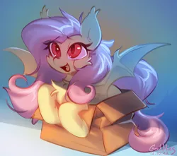 Size: 3400x3000 | Tagged: safe, artist:gicme, derpibooru import, fluttershy, bat pony, pony, bat ponified, box, chest fluff, cute, flutterbat, glow, glowing eyes, happy, image, open mouth, open smile, png, pony in a box, race swap, simple background, smiling, solo, spread wings, wings