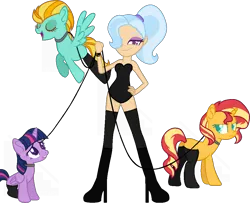 Size: 1005x815 | Tagged: safe, artist:kingbases, artist:yeetmedownthestairs, derpibooru import, lightning dust, sunset shimmer, trixie, twilight sparkle, twilight sparkle (alicorn), alicorn, human, pegasus, pony, unicorn, alternate hairstyle, base used, boots, clothes, collar, commission, corset, eyes closed, eyeshadow, female, fishnets, flying, hair over one eye, high heel boots, humanized, image, leash, makeup, mare, missing cutie mark, open mouth, png, pony pet, ponytail, shoes, simple background, smiling, smirk, socks, stockings, thigh highs, transparent background