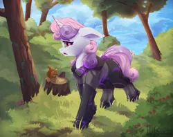 Size: 2591x2057 | Tagged: safe, artist:hitbass, derpibooru import, sweetie belle, pony, robot, squirrel, unicorn, clothes, forest, image, open mouth, png, solo, sweetie bot, tail, tree