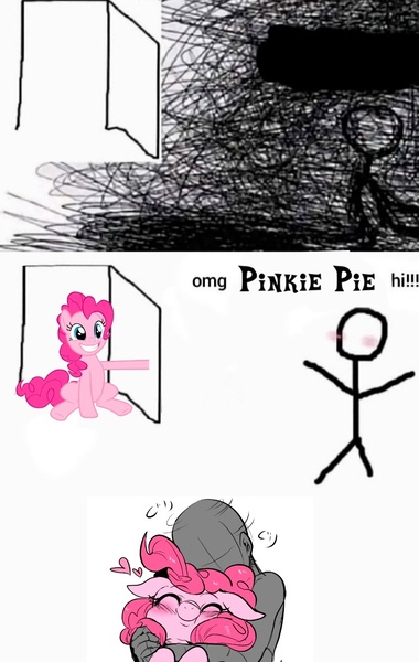 Size: 828x1309 | Tagged: safe, artist:nekubi, derpibooru import, edit, pinkie pie, earth pony, pony, blushing, eyes closed, female, g4, good end, heart, hug, image, jpeg, mare, meme, omg hi