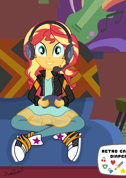 Size: 1080x1520 | Tagged: questionable, artist:thunderdasher07, derpibooru import, sunset shimmer, equestria girls, equestria girls series, game stream, spoiler:eqg series (season 2), clothes, controller, converse, couch, diaper, diaper fetish, dress, female, fetish, gamer sunset, headphones, headset, image, jacket, leather, leather jacket, pants, png, poster, shoes, solo, solo female, sunset's apartment