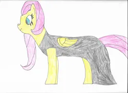 Size: 3508x2550 | Tagged: safe, artist:meanlucario, derpibooru import, fluttershy, pegasus, scare master, black dress, clothes, dress, halloween, holiday, image, long mane, long tail, mlp fim's twelfth anniversary, nightmare night, png, solo, tail, traditional art, wings