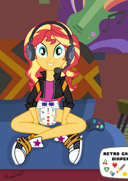 Size: 1080x1520 | Tagged: questionable, alternate version, artist:thunderdasher07, derpibooru import, sunset shimmer, equestria girls, equestria girls series, game stream, spoiler:eqg series (season 2), clothes, controller, converse, couch, derpibooru exclusive, diaper, diaper fetish, female, fetish, gamer sunset, headphones, headset, image, jacket, leather, leather jacket, png, poster, shirt, shoes, solo, solo female, sunset's apartment