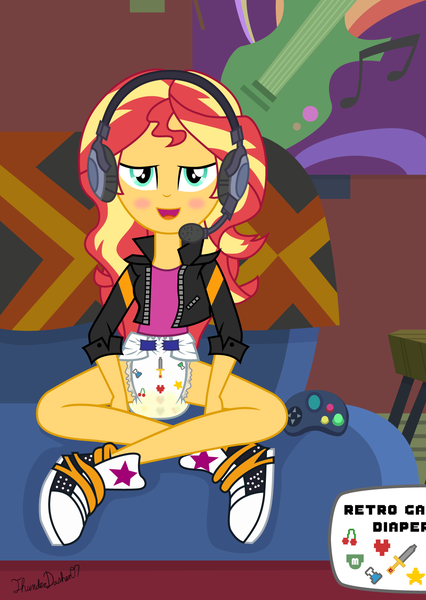Size: 1080x1520 | Tagged: questionable, alternate version, artist:thunderdasher07, derpibooru import, sunset shimmer, equestria girls, equestria girls series, game stream, spoiler:eqg series (season 2), blushing, clothes, controller, converse, couch, derpibooru exclusive, diaper, diaper fetish, female, fetish, gamer sunset, headphones, headset, image, jacket, leather, leather jacket, pissing, png, poster, shirt, shoes, solo, solo female, sunset's apartment, urine, wet diaper, wetting
