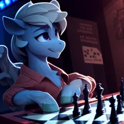 Size: 1024x1024 | Tagged: safe, derpibooru import, editor:paracompact, machine learning assisted, machine learning generated, purplesmart.ai, stable diffusion, oc, unofficial characters only, earth pony, pony, chess, chess piece, chessboard, clothes, image, looking away, looking offscreen, png, random pony, unshorn fetlocks