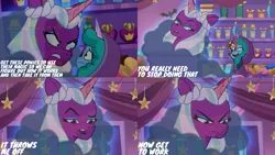 Size: 4400x2475 | Tagged: safe, derpibooru import, edit, edited screencap, editor:quoterific, screencap, opaline, alicorn, pony, unicorn, g5, my little pony: make your mark, my little pony: tell your tale, spoiler:g5, spoiler:my little pony: make your mark, spoiler:my little pony: tell your tale, spoiler:tyts01e30, cloak, clothes, costume, duo, duo female, evil laugh, eyeshadow, female, freckles, frown, gritted teeth, hologram, image, intimidated, laughing, looking at each other, looking at someone, makeup, mare, misty brightdawn, nervous, nightmare night costume, nightmare night party, open mouth, open smile, png, scared, smiling, teeth, wavy mouth