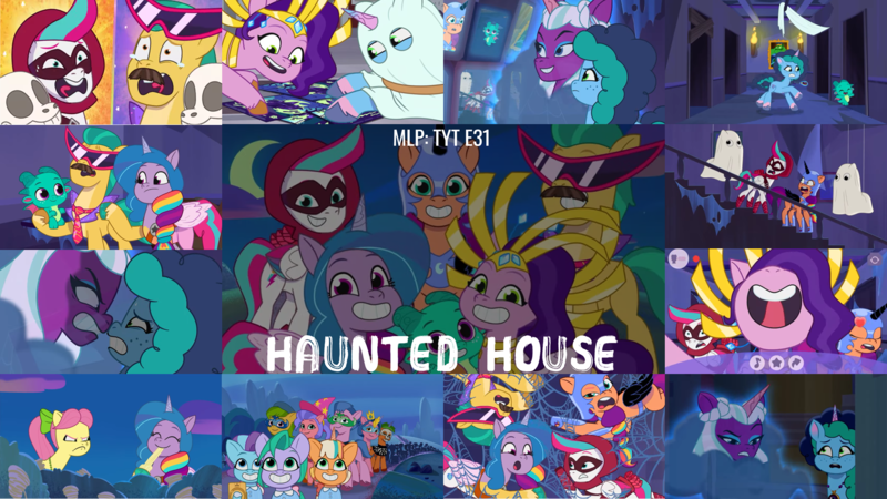 Size: 1978x1112 | Tagged: safe, derpibooru import, edit, edited screencap, editor:quoterific, screencap, hitch trailblazer, izzy moonbow, opaline, pipp petals, posey (g5), sparky sparkeroni, sunny starscout, zipp storm, alicorn, dragon, earth pony, ghost, pegasus, pony, skeleton pony, undead, unicorn, g5, my little pony: make your mark, my little pony: tell your tale, spoiler:g5, spoiler:my little pony: make your mark, spoiler:my little pony: tell your tale, spoiler:tyts01e31, amalgamation, arrowverse, baby, baby dragon, bedsheet ghost, bone, bow, chase, clothes, costume, crown, dress, eyes closed, eyeshadow, fake wings, female, filly, foal, food, freckles, frown, glory (g5), grin, hair bow, hat, haunted house (episode), headdress, hologram, hoof polish, image, implied hitch trailblazer, implied pipp petals, implied sunny starscout, implied zipp storm, jewelry, looking at you, makeup, male, mane five (g5), mare, mask, misty brightdawn, mobile phone, movie reference, necklace, nervous, nervous sweat, nightmare moon armor, nightmare night, nightmare night costume, nightmare sunny, nose in the air, open mouth, open smile, pasta, peach fizz, phone, pippsqueak trio, png, posey bloom is not amused, reference, regalia, scared, screaming, seashell (g5), security cameras, skeleton, skeleton mask, smartphone, smiling, smiling at you, spaghetti, stallion, sunglasses, surveillance, sweat, sweatdrops, tail, tail bow, the shining, unamused, volumetric mouth, wall of tags, witch hat, wizard hat