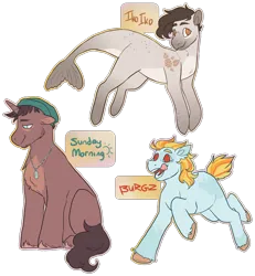 Size: 1843x1991 | Tagged: safe, artist:eggoatt, oc, oc:burgz, oc:iko iko, oc:sunday morning, earth pony, hybrid, pony, sea pony, unicorn, image, looking down, mlem, png, running, silly, simple background, sitting, tongue out, transparent background