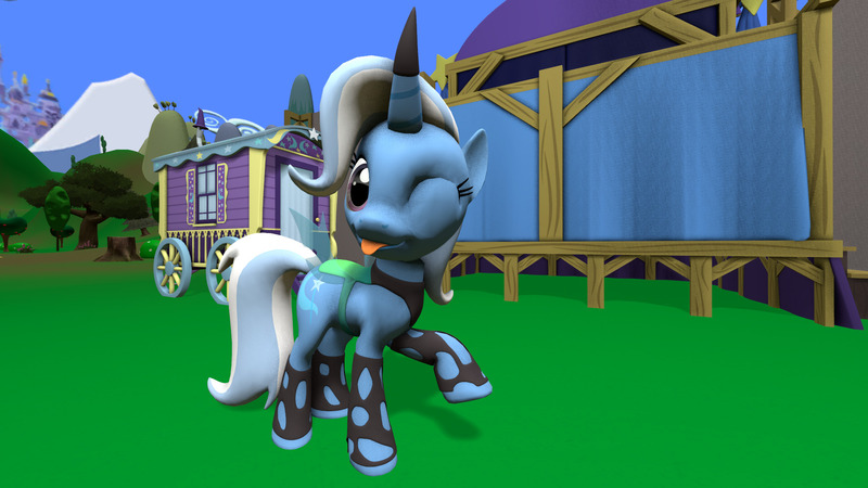 Size: 1920x1080 | Tagged: source needed, useless source url, safe, artist:ask-the-luna-knight, derpibooru import, trixie, pony, unicorn, 3d, ;p, changeling costume, horn, horn sleeve, image, implied changeling, jpeg, one eye closed, source filmmaker, tongue out