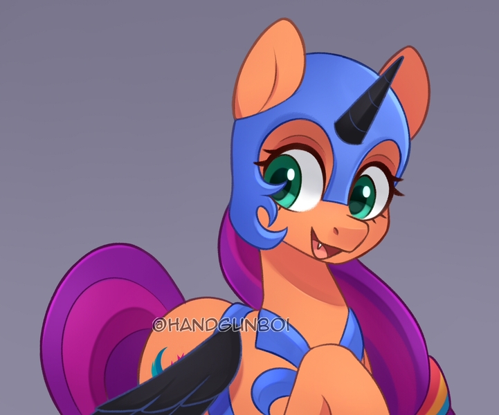Size: 1339x1114 | Tagged: safe, artist:handgunboi, derpibooru import, sunny starscout, alicorn, earth pony, pony, clothes, costume, cute, fangs, female, g5, gray background, image, jpeg, mare, nightmare moon armor, nightmare night costume, nightmare sunny, simple background, solo, sunnybetes