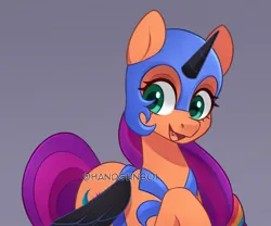 Size: 1339x1114 | Tagged: safe, artist:handgunboi, derpibooru import, sunny starscout, alicorn, earth pony, pony, clothes, costume, cute, fangs, female, g5, gray background, image, jpeg, mare, nightmare moon armor, nightmare night costume, nightmare sunny, simple background, solo, sunnybetes