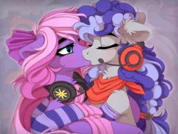 Size: 2400x1800 | Tagged: safe, artist:vird-gi, derpibooru import, oc, oc:cinnabyte, oc:lillybit, unofficial characters only, pony, adorkable, bandana, clothes, cute, dork, duo, eyes closed, female, gaming headset, headphones, headset, image, kissing, lesbian, oc x oc, png, scarf, shipping, socks, striped socks