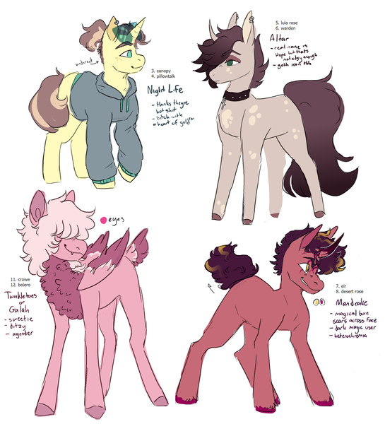 Size: 2261x2488 | Tagged: safe, artist:eggoatt, oc, oc:altar, oc:galah, oc:mandrake, oc:night life, oc:twinkletoes, unofficial characters only, earth pony, pegasus, unicorn, chest fluff, choker, clothes, crucifix, ear piercing, earring, fangs, hair over eyes, heterochromia, hoodie, image, jewelry, piercing, png, scar, sunglasses