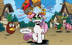 Size: 1207x746 | Tagged: safe, artist:brendahickey, derpibooru import, idw, sweetie belle, pig, pony, unicorn, friends forever, spoiler:comic, apple, banana, dialogue, female, filly, foal, food, food transformation, fruit, fruit basket, grapes, hat, i've made a huge mistake, image, inanimate tf, jpeg, magic, onomatopoeia, orange, pineapple, solo focus, teary eyes, transformation, watermelon