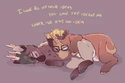 Size: 1944x1302 | Tagged: safe, artist:eggoatt, oc, oc:space cadet, unofficial characters only, deer, unicorn, blushing, dialogue, gay, glasses, image, male, one eye open, png, side, simple background, snuggling
